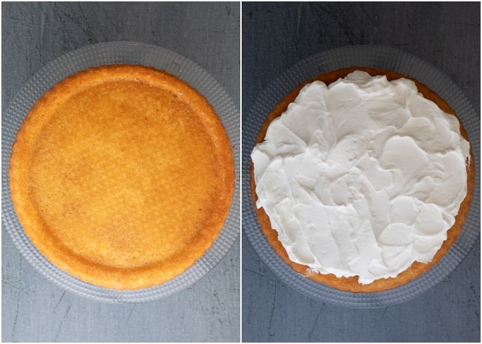 The cake with the filling on top.