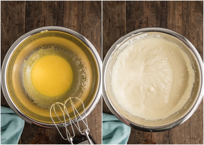 The egg yolk beaten and adding the egg whites.