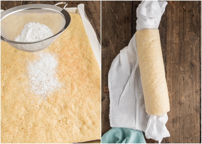 Sifting powdered sugar on the baked cake and rolled up.