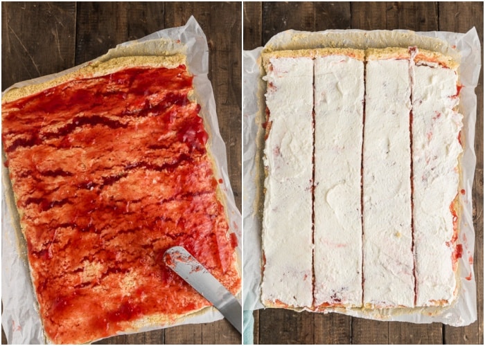 The jam on the cake and cut into four strips.