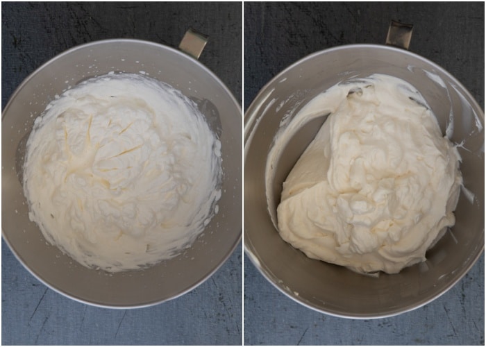 Whipped cream in the mixing bowl and mixed with the filling.