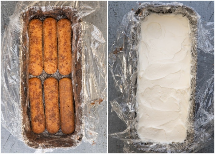 The ladyfingers in the loaf pan with filling on top.