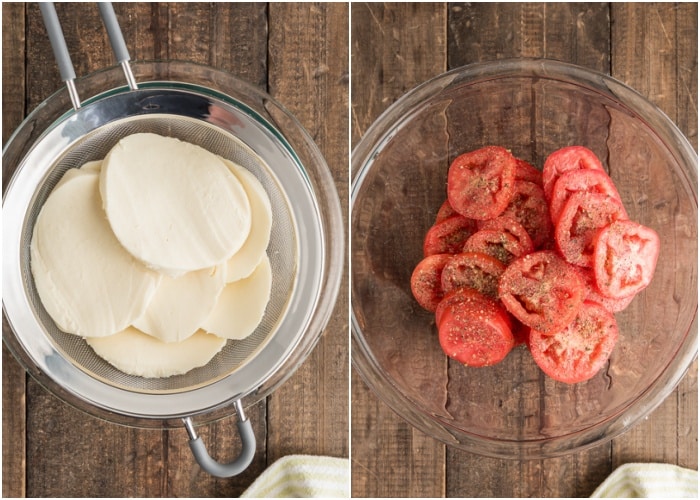 The sliced mozzarella in a sieve and sliced tomatoes in a glass bowl.