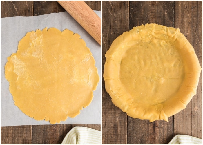 Rolling the dough out and placing in the pan.