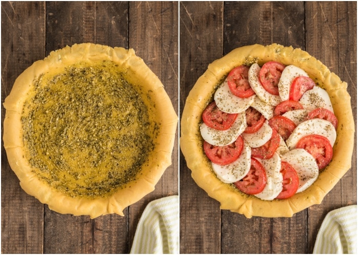 Pesto on the dough and the mozzarella and sliced tomatoes added.
