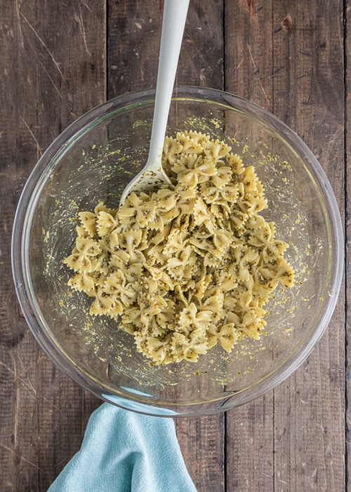 The cooked pasta tossed with the pesto.
