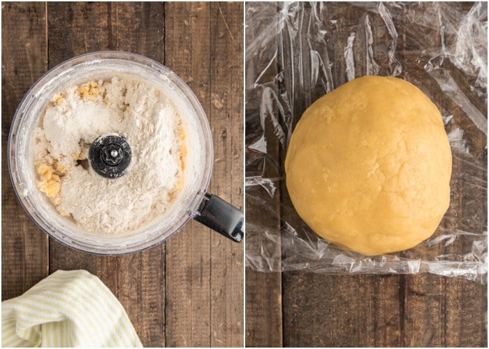 Making the dough in the food processor and on plastic wrap.