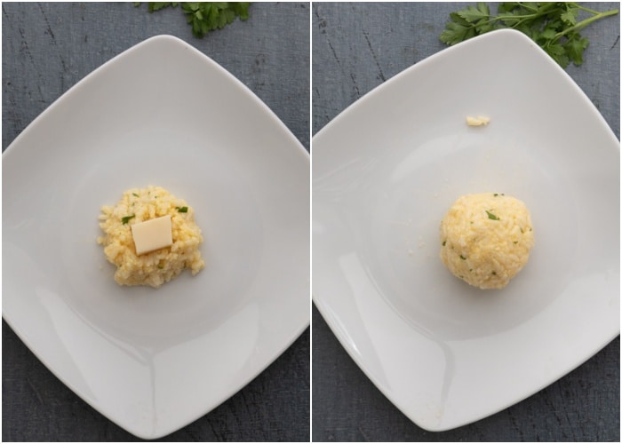 Forming the rice mixture into balls adding the cheese and closing.