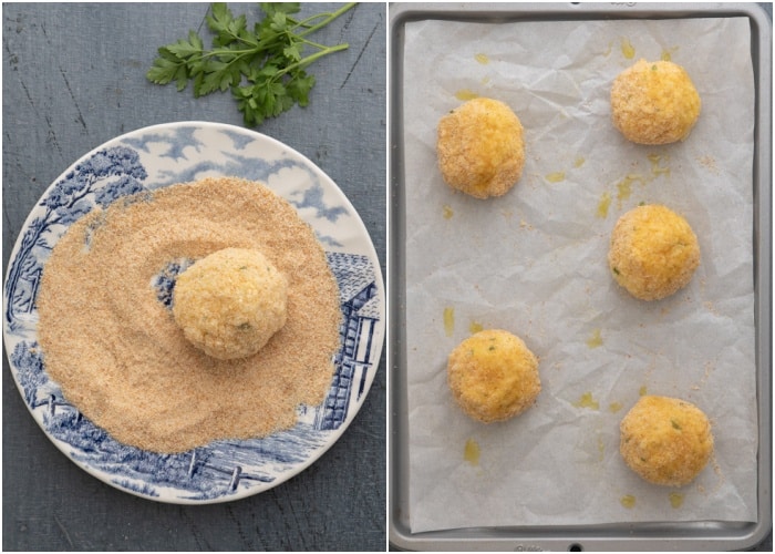Rolling the balls in bread crumbs and on the baking sheet before baking.