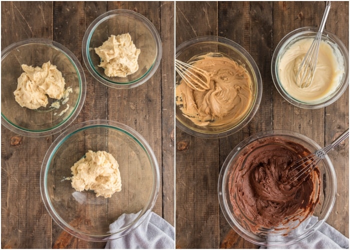 Dividing the batter and adding the ingredients.