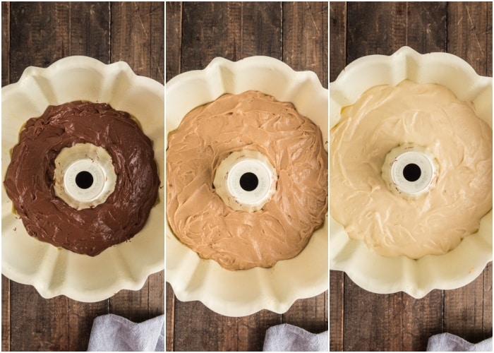 Layering the batter in the cake pan.