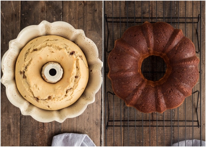 The baked cake in the pan and on a wire rack.