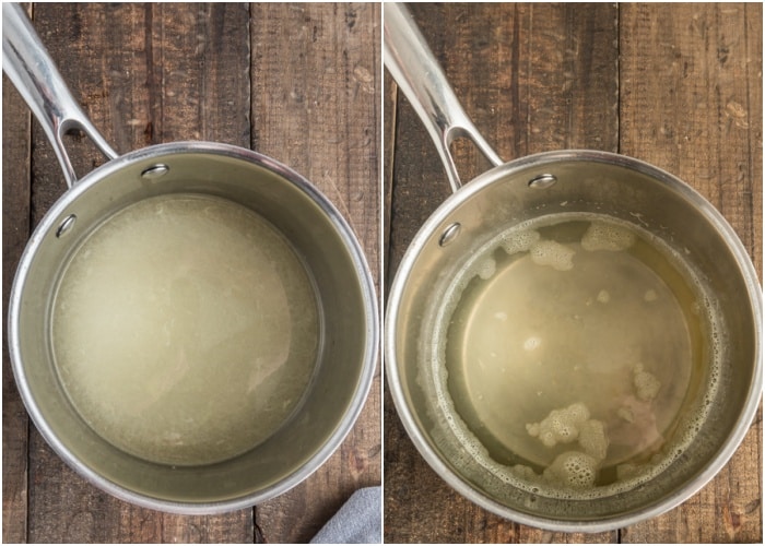 Boiling the water and sugar in a pot.