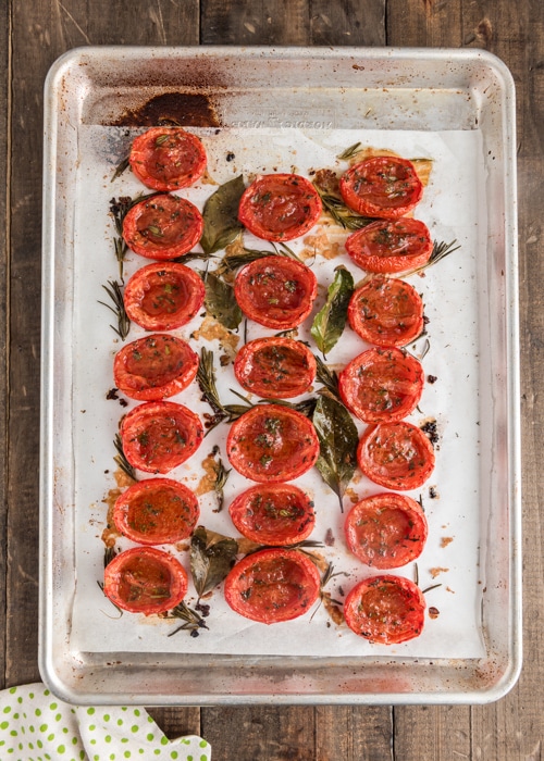 The tomato slices baked on the pan.