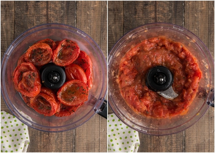 The tomatoes before and after blended.