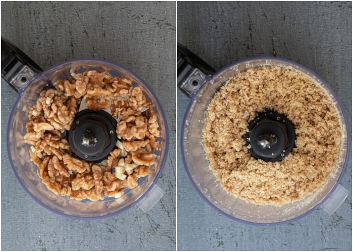 The nuts in the food processor and blended.