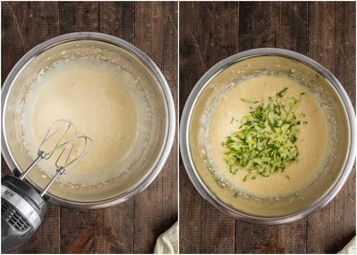 Mixing the batter in a silver bowl.