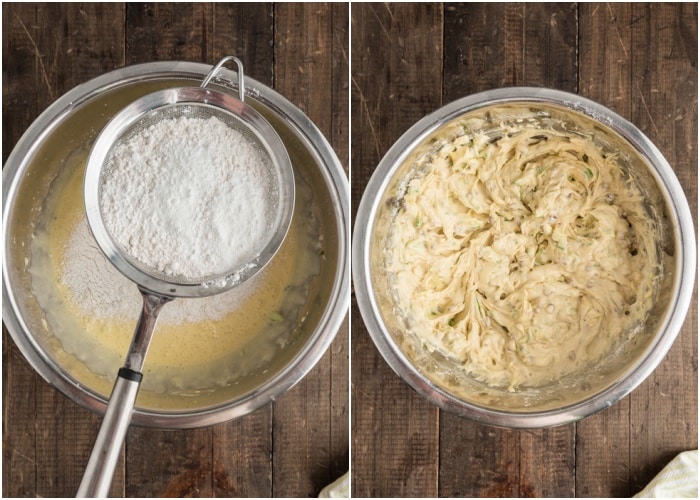 Adding the flour and nuts to the batter.