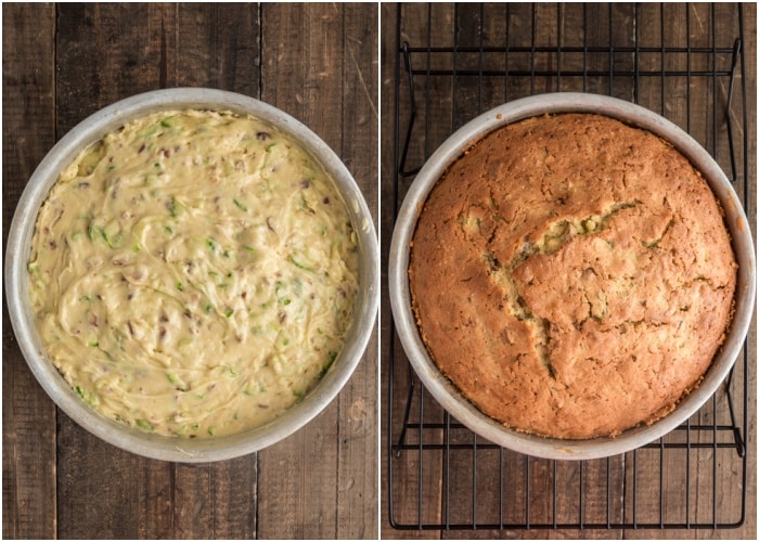 The cake before and after baking.