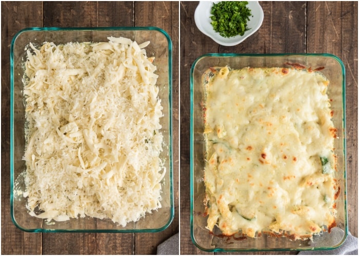 The zucchini baked pasta before and after baked.