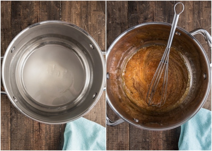 Cooking the sugar and water in a silver pot.