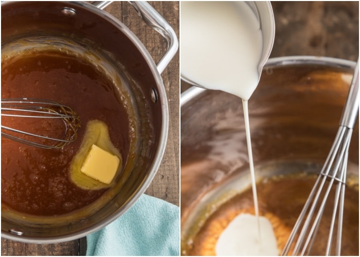 Adding the butter and cream to the sauce.