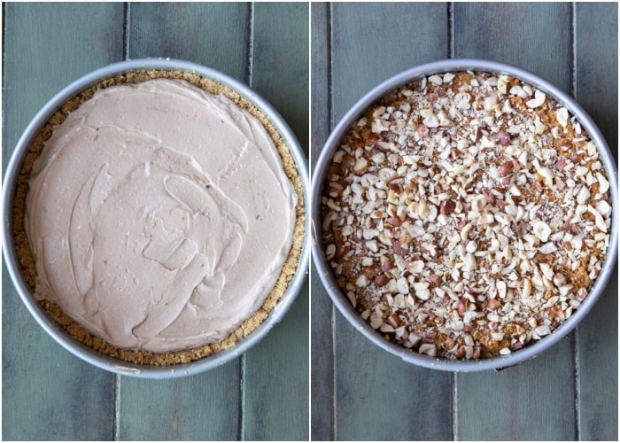 The filling and the topping on the filling in the pan.