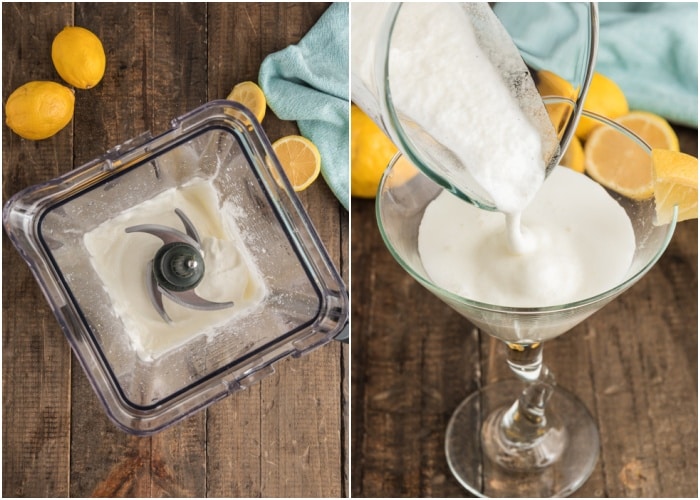 Blending the sorbet and pouring into a glass.