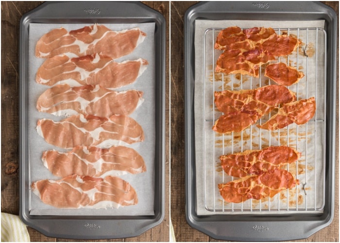 Prosciutto before and after baked.