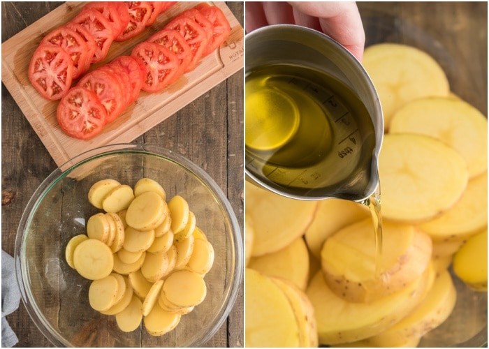 Slicing the tomatoes and potatoes and mixing the potatoes with olive oil.