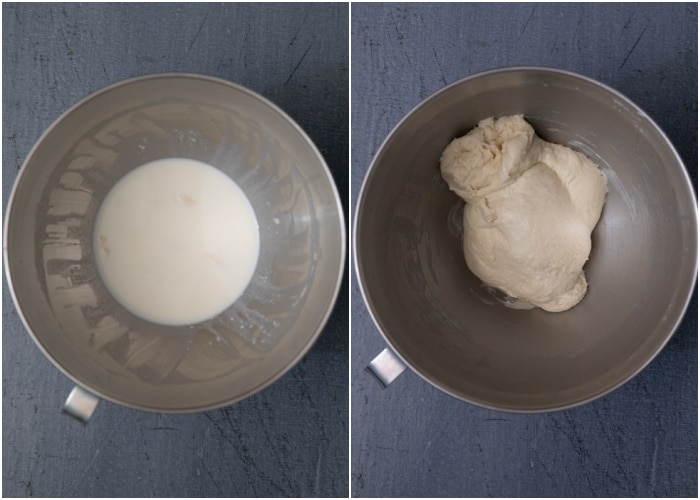 Making the dough in the mixing bowl.
