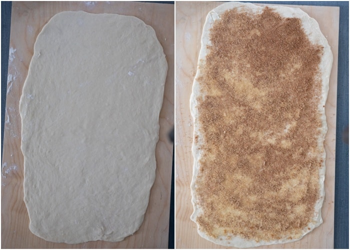 The dough rolled out and sugar on top.