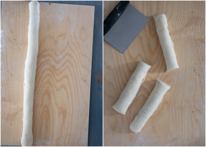 The dough rolled and cut into three pieces.