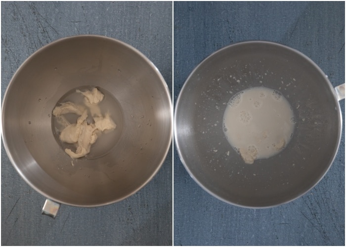 Mixing the lievito madre and water in the mixing bowl.