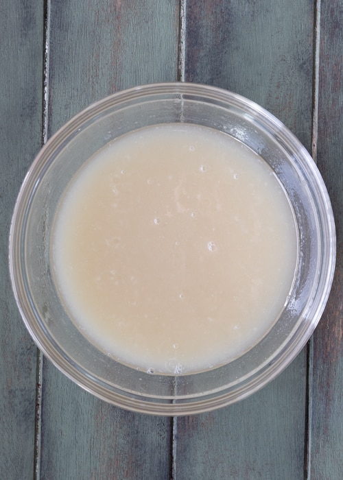 The wet ingredients mixed in a glass bowl.