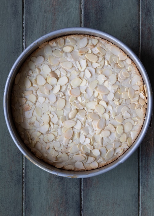 The baked cake in the pan.
