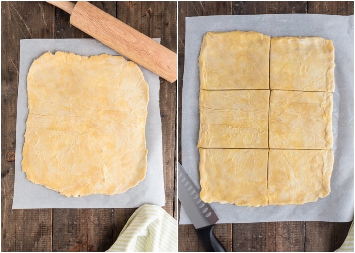 Dough rolled and cut into squares.