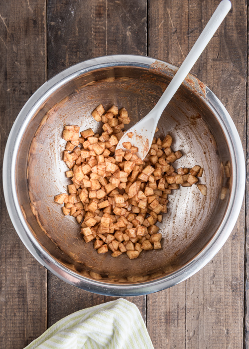Apple mixture in a silver bowl.