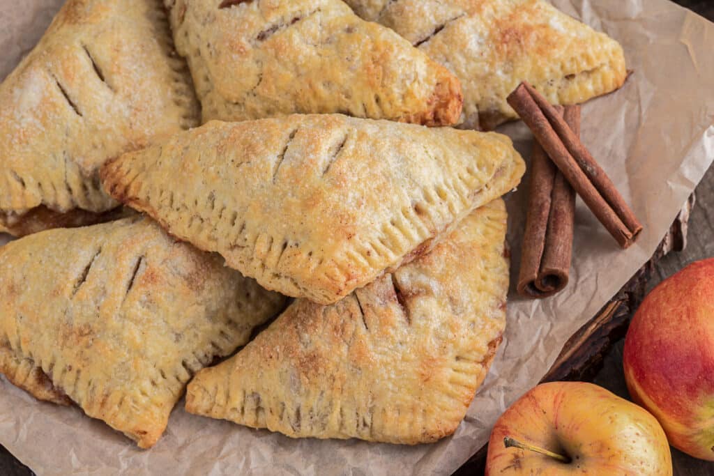 Hand pies on  a piece of brown paper.