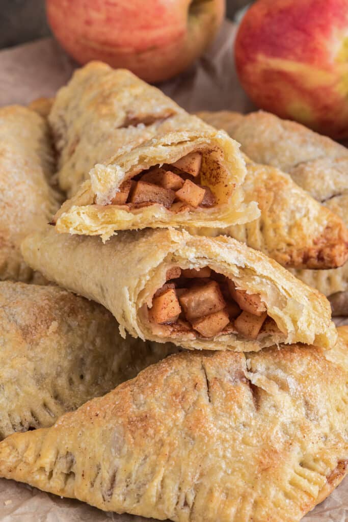 Hand pies with one cut in half.