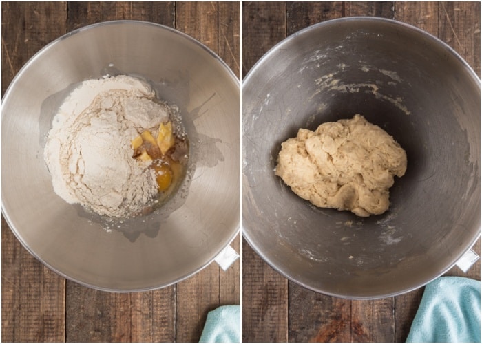 Making the dough in the mixing bowl.