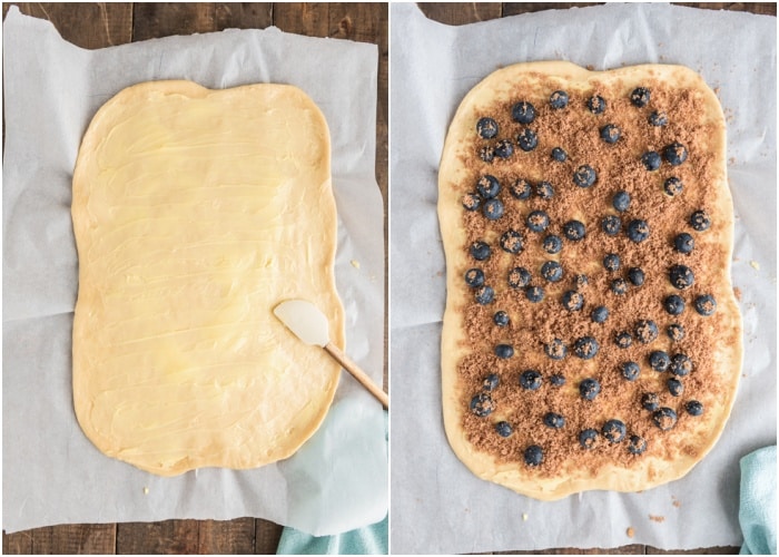 Dough rolled out and the filling on top.