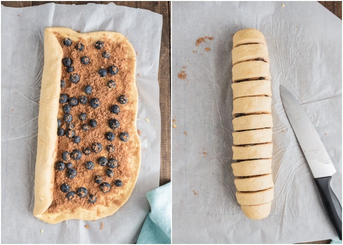 The dough rolled up and cut.