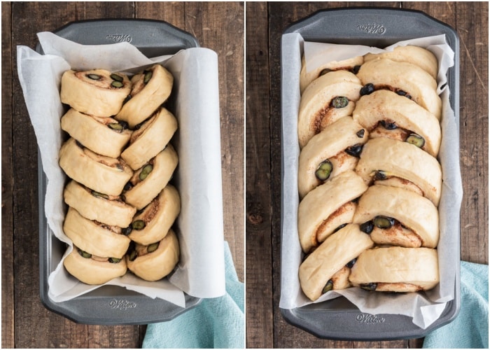 The braid before and after risen in the pan.