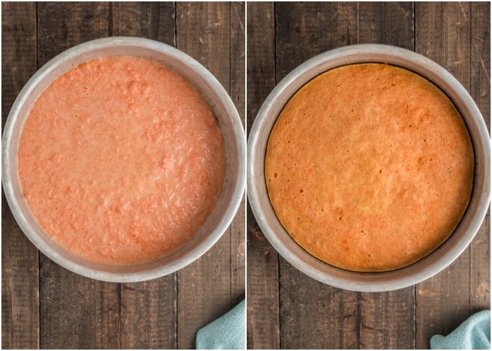 The cake batter before and after baked.