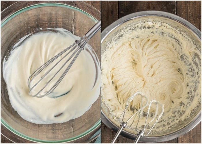 The cream cheese glaze/frosting in two bowls.