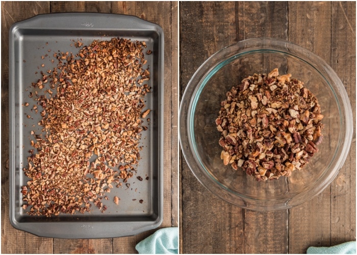 Roasting the nuts on a pan and cooling in a glass bowl.