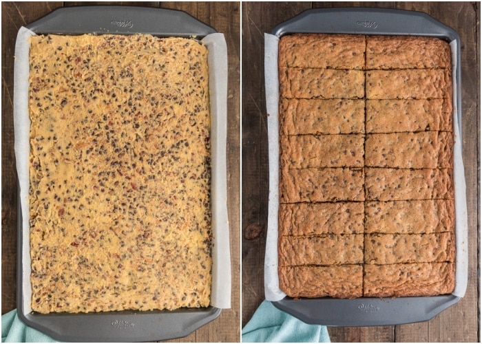 The bars before and after baking in the baking pan.