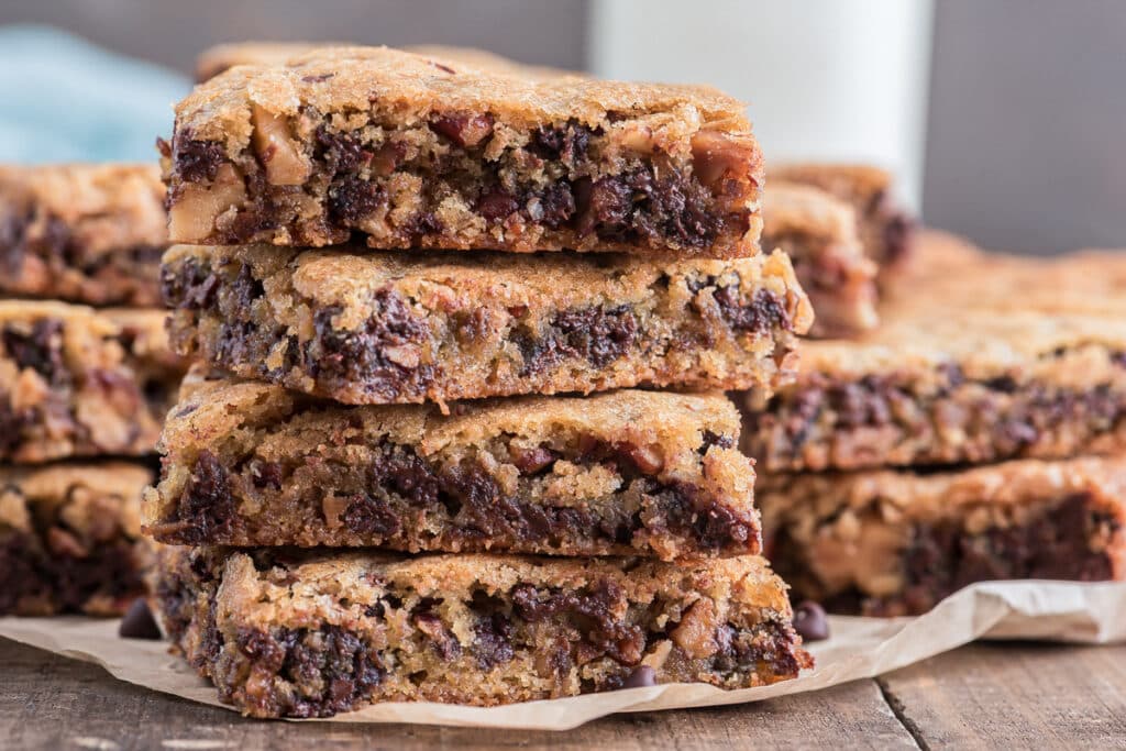 Four chocolate chip bars stacked.