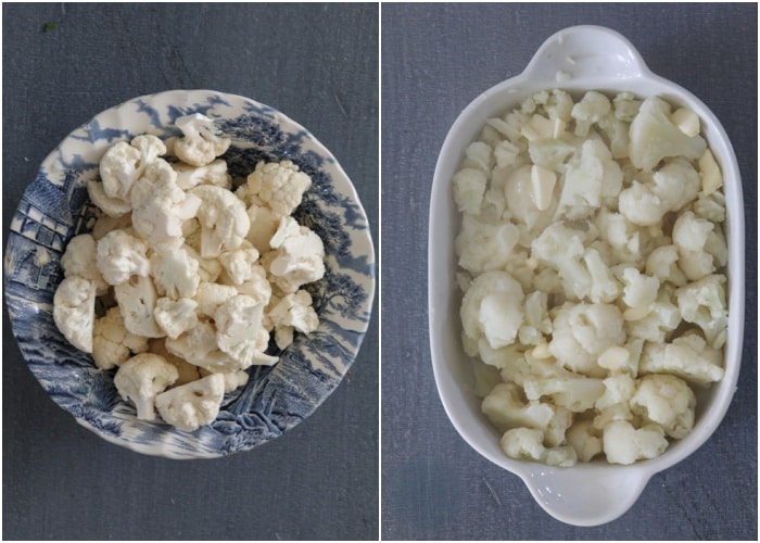 Cauliflower in a bowl and cooked in the baking pan.